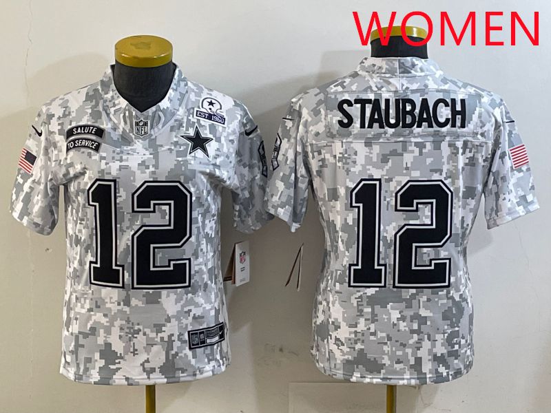 Women Dallas Cowboys 12 Staubach Camo Nike Olive Salute To Service Limited NFL Jersey style 4